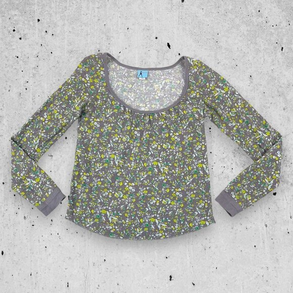 Damsel Tops - Vintage Y2K Damsel LARGE Scoop Neck Ribbed Knit Thermal Floral Ditsy Shirt